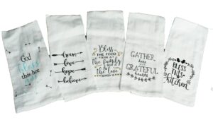set of 5 sentiment kitchen dish towels - teacher gift, christmas gift for women, hostess gift, white flour sack baking and cooking related kitchen towels gift set - comes in organza gift bag