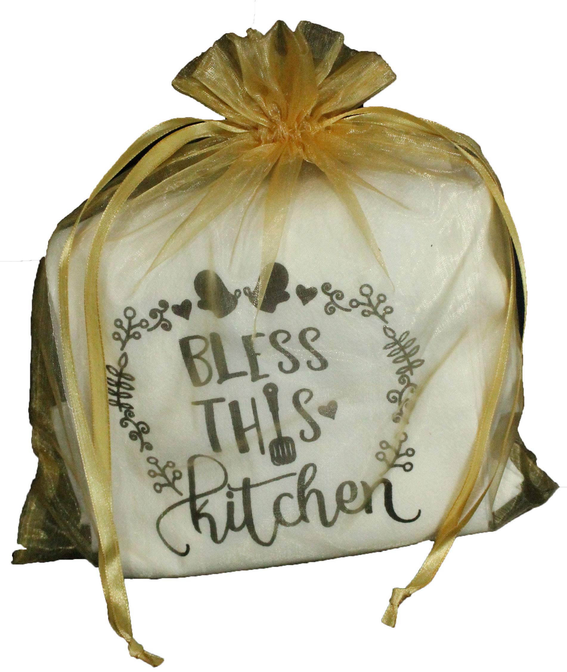 Set of 5 Sentiment Kitchen Dish Towels - Teacher Gift, Christmas Gift for Women, Hostess Gift, White Flour Sack Baking and Cooking Related Kitchen Towels Gift Set - Comes in Organza Gift Bag
