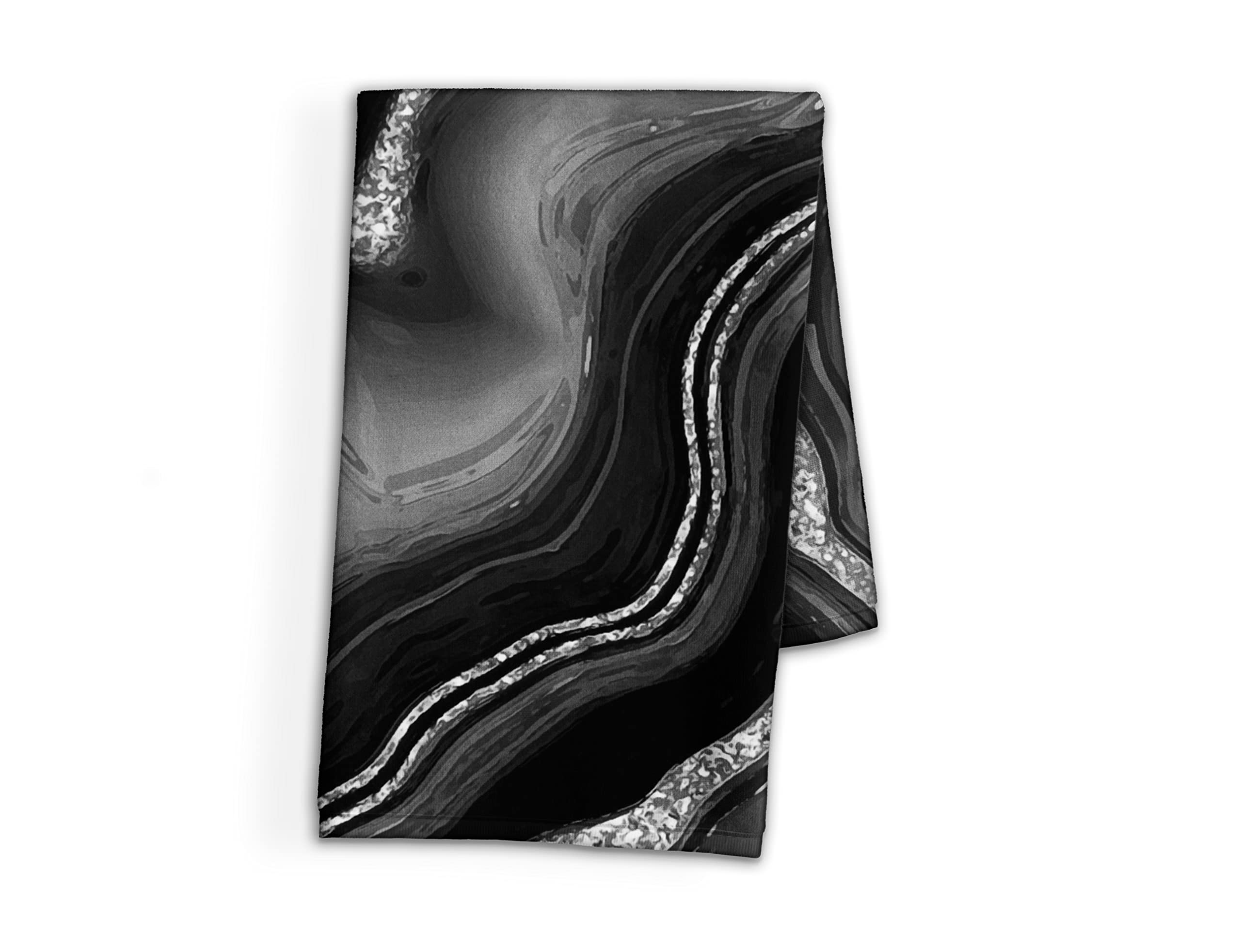 Black and Silver Marble Print Hand Towel - Faux Agate Print Kitchen Towel - Bathroom Hand Towel - Cotton Terry Cloth - 15"x25"