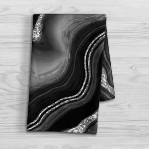 Black and Silver Marble Print Hand Towel - Faux Agate Print Kitchen Towel - Bathroom Hand Towel - Cotton Terry Cloth - 15"x25"