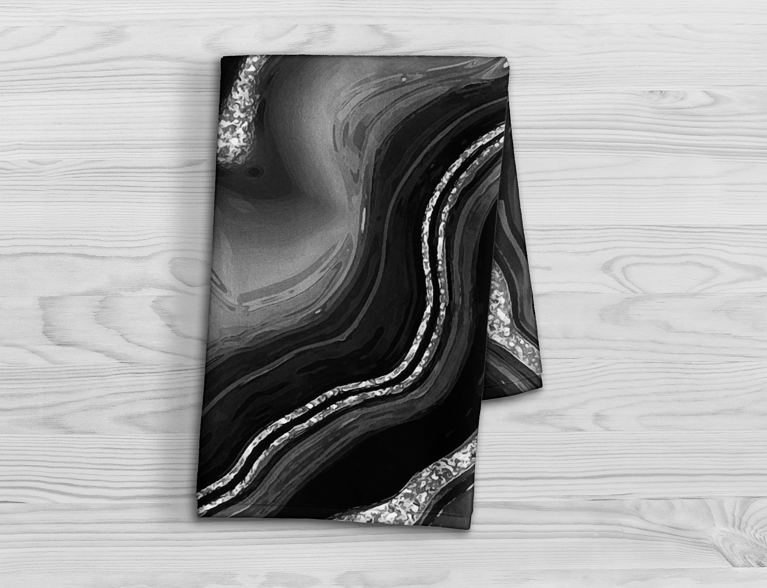 Black and Silver Marble Print Hand Towel - Faux Agate Print Kitchen Towel - Bathroom Hand Towel - Cotton Terry Cloth - 15"x25"