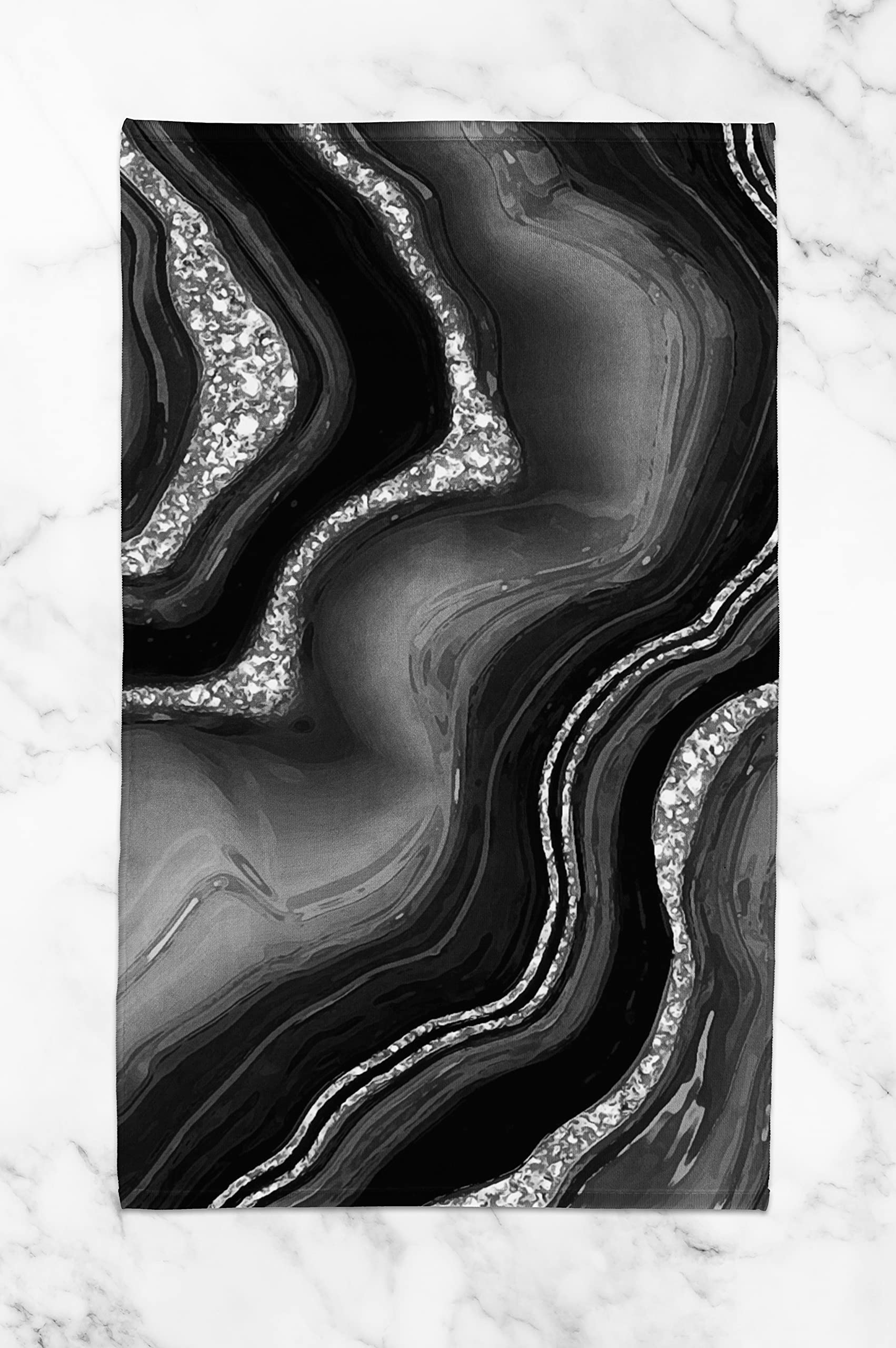 Black and Silver Marble Print Hand Towel - Faux Agate Print Kitchen Towel - Bathroom Hand Towel - Cotton Terry Cloth - 15"x25"