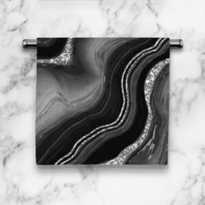 Black and Silver Marble Print Hand Towel - Faux Agate Print Kitchen Towel - Bathroom Hand Towel - Cotton Terry Cloth - 15"x25"