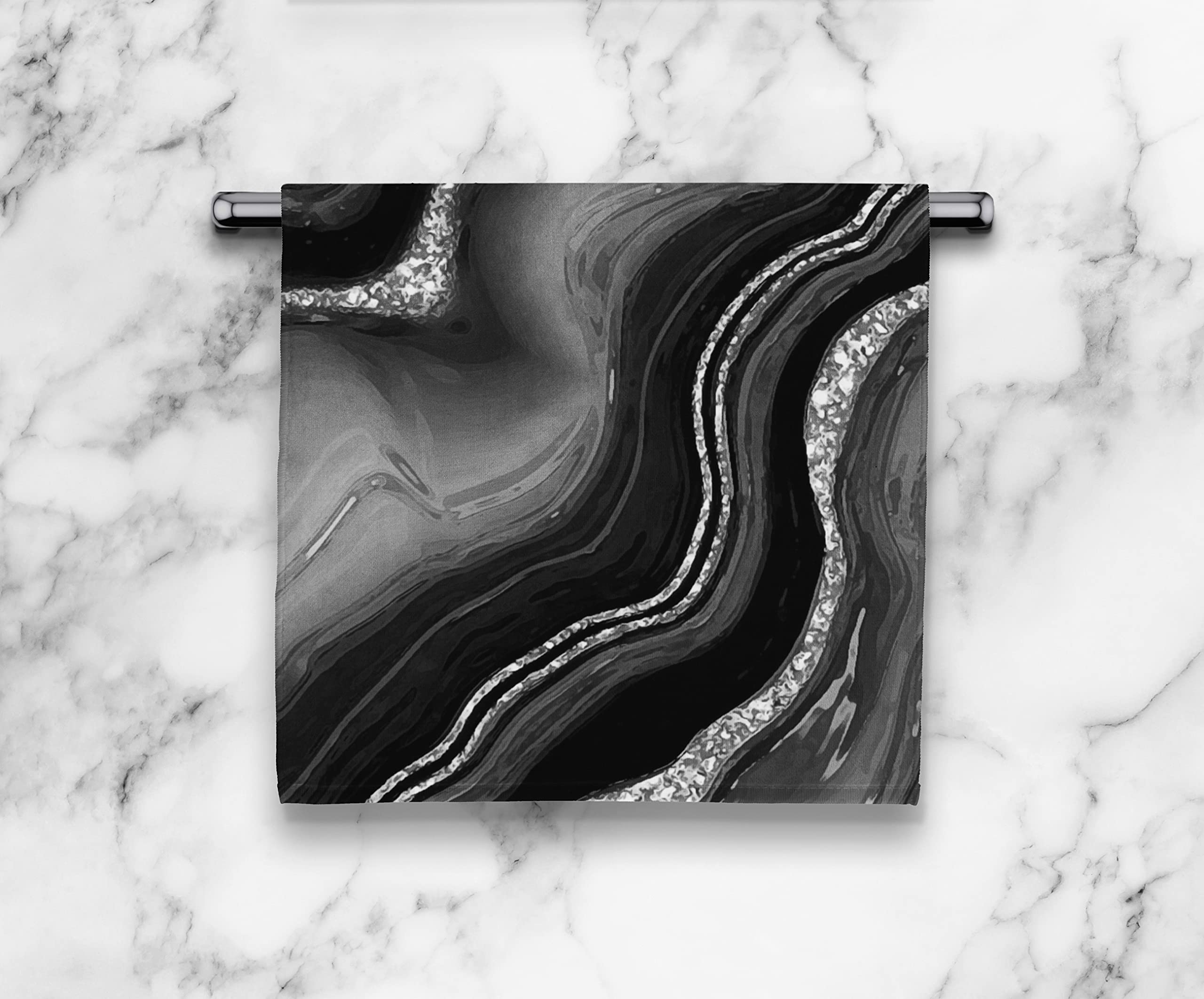 Black and Silver Marble Print Hand Towel - Faux Agate Print Kitchen Towel - Bathroom Hand Towel - Cotton Terry Cloth - 15"x25"