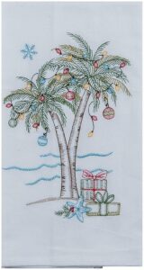 holiday palm trees and gifts embroidered flour sack kitchen dish towel