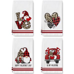 anydesign valentine's day kitchen dish towels 18 x 28 inch love heart gnome truck dishcloth decorative tea towel hand towel holiday cloth towel for bathroom cooking baking housewarming gift, 4 pack