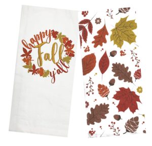 mainstream fall kitchen towels, set of 2, happy fall y all with tossed leaf acorn print cotton dual-sided terry dishtowels drying cloth 16*26 inches white, rust, gold, tan, brown