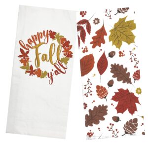 Mainstream Fall Kitchen Towels, Set of 2, Happy Fall Y all with Tossed Leaf Acorn Print Cotton Dual-Sided Terry Dishtowels Drying Cloth 16*26 inches White, Rust, Gold, Tan, Brown