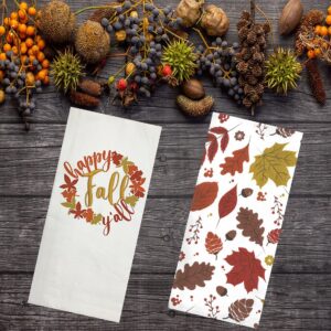 Mainstream Fall Kitchen Towels, Set of 2, Happy Fall Y all with Tossed Leaf Acorn Print Cotton Dual-Sided Terry Dishtowels Drying Cloth 16*26 inches White, Rust, Gold, Tan, Brown