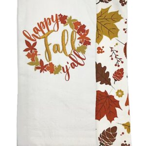 Mainstream Fall Kitchen Towels, Set of 2, Happy Fall Y all with Tossed Leaf Acorn Print Cotton Dual-Sided Terry Dishtowels Drying Cloth 16*26 inches White, Rust, Gold, Tan, Brown