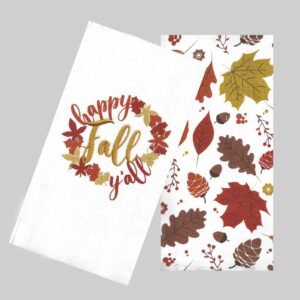 Mainstream Fall Kitchen Towels, Set of 2, Happy Fall Y all with Tossed Leaf Acorn Print Cotton Dual-Sided Terry Dishtowels Drying Cloth 16*26 inches White, Rust, Gold, Tan, Brown