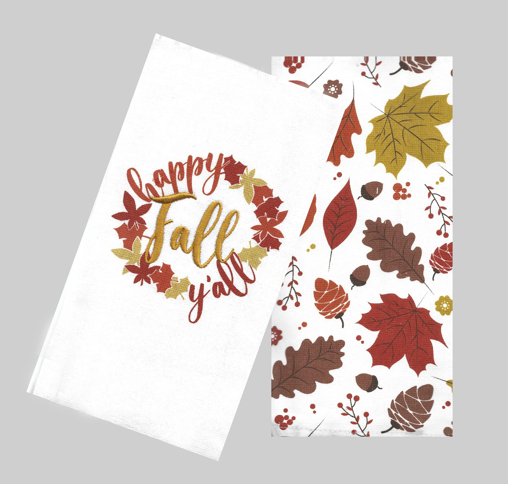 Mainstream Fall Kitchen Towels, Set of 2, Happy Fall Y all with Tossed Leaf Acorn Print Cotton Dual-Sided Terry Dishtowels Drying Cloth 16*26 inches White, Rust, Gold, Tan, Brown