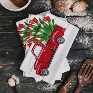 Zadaling Happy Mothers' Day Red Truck Flower Buffalo Wood Kitchen Towels, 18x28 Inches Soft Dish Cloth,Cotton Tea Towels/Bar Towels/Hand Towels for Bathroom(2 Pack)