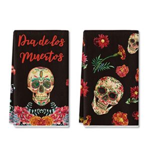artoid mode skull flowers dia de los muertos halloween kitchen towels dish towels, 18x26 inch day of the dead in mexico decor hand towels set of 2