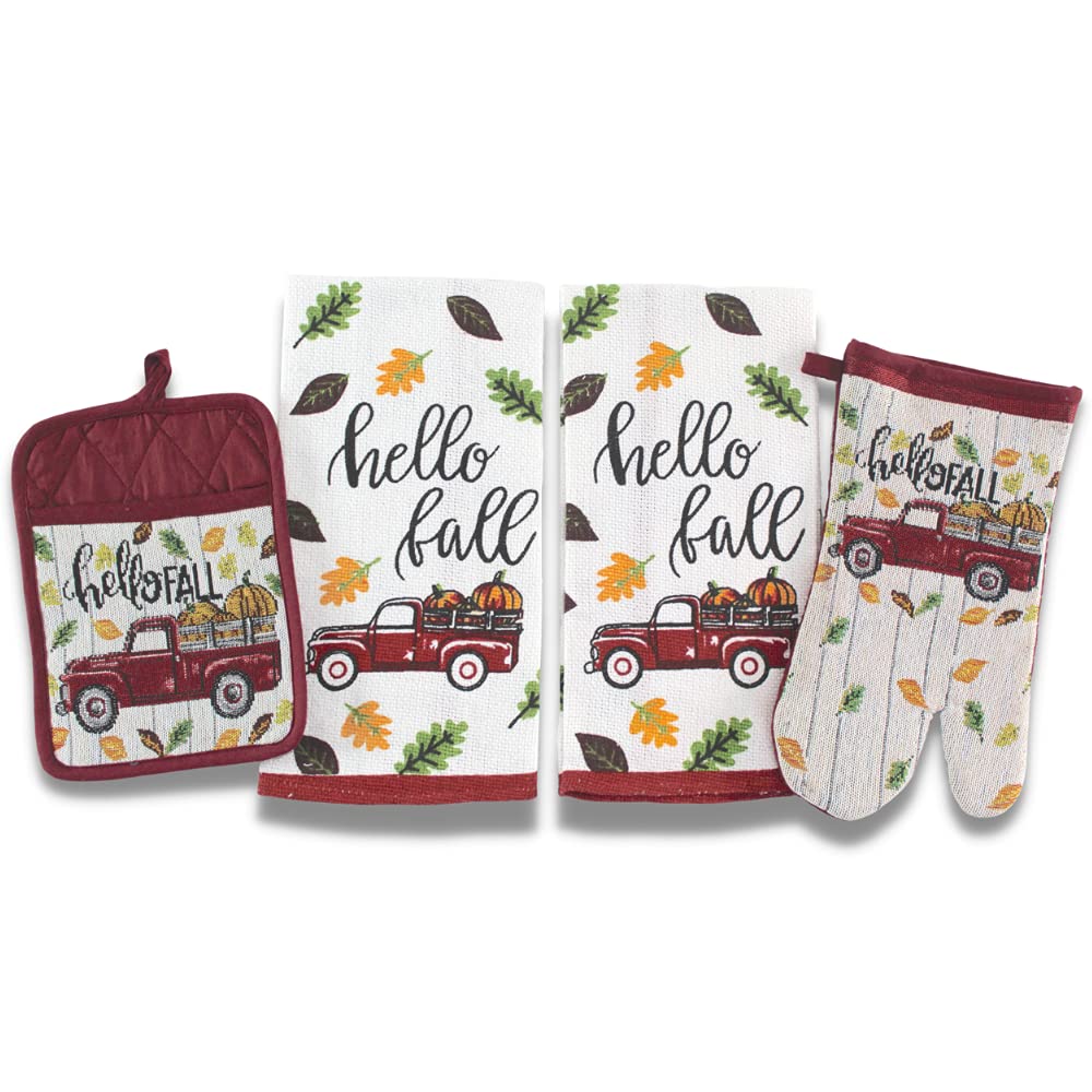 Serafina Home Hello Fall Farm Truck Kitchen Towels and Pot Holder Set: Autumn Harvest Pumpkins and Colorful Leaves, Pot Holder Oven Mitt has Embellished Jacquard Weave