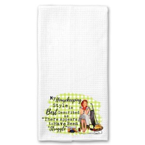 my housekeeping style is best described as there appears to have been a struggle look huge funny vintage 1950's housewife pin-up girl waffle weave microfiber towel kitchen linen gift for her bff