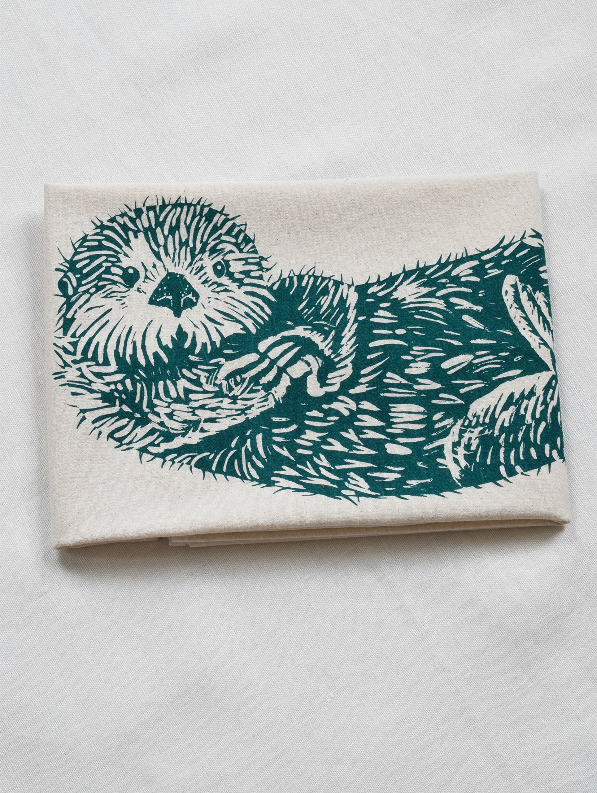 Otter Tea Towel, Organic Cotton, Cute Animal Decor, Sea, River, Hand Screen Printed, Flour Sack Dish Towel, Sweet Housewarming Gift, Natural