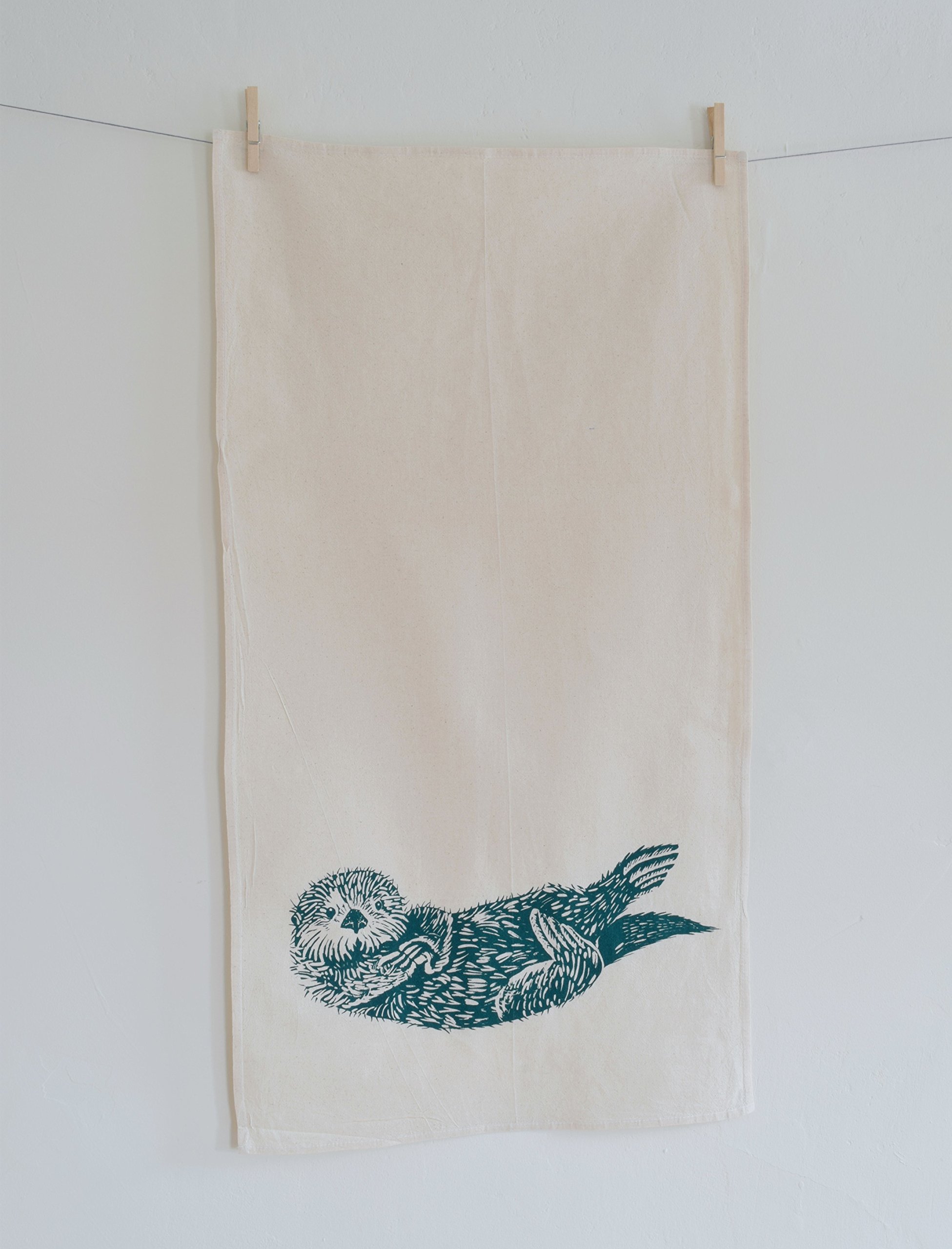 Otter Tea Towel, Organic Cotton, Cute Animal Decor, Sea, River, Hand Screen Printed, Flour Sack Dish Towel, Sweet Housewarming Gift, Natural