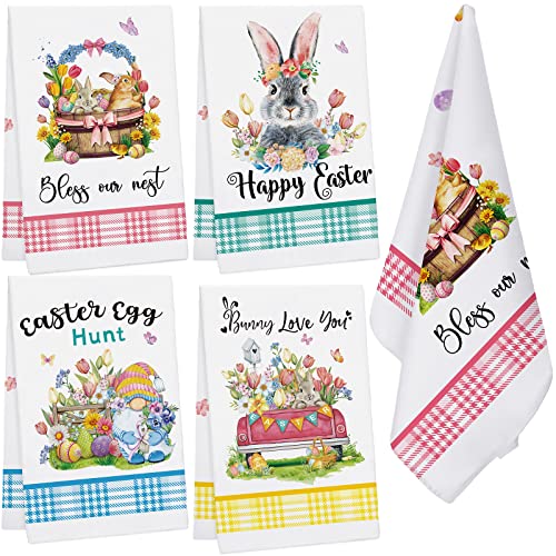 4 Pack Easter Kitchen Towels Easter Hand Towels Decorative Bunny Eggs Rabbit Towels Easter Dish Towels for Cooking Baking Drying Washing Dishes