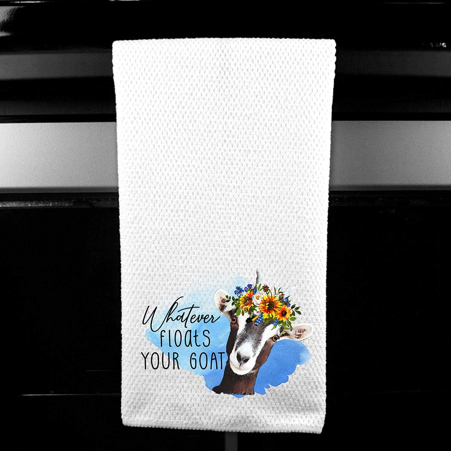 Whatever Floats your Goat Floral Watercolor Funny Farm Kitchen Tea Towel Gift for Her microfiber