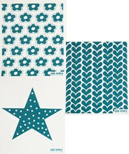 trendy tripper swedish dishcloths/sponge cloths: packs of 3 different turquoise or petrol designs (3 petrol: fiddeli + hearts + star)
