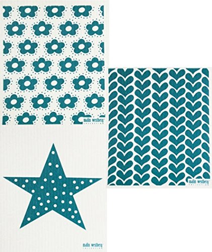 Trendy Tripper Swedish Dishcloths/Sponge Cloths: Packs of 3 Different Turquoise OR Petrol Designs (3 Petrol: Fiddeli + Hearts + Star)