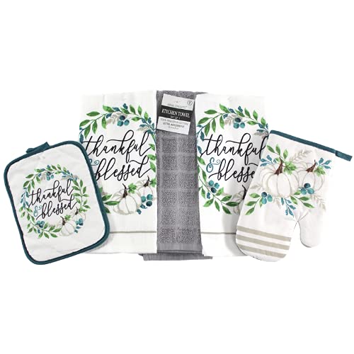 Serafina Home Fall Harvest Blue and White Pumpkins Kitchen Dish Towels and Pot Holder Set 5pc