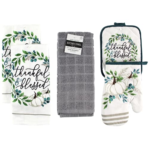 Serafina Home Fall Harvest Blue and White Pumpkins Kitchen Dish Towels and Pot Holder Set 5pc