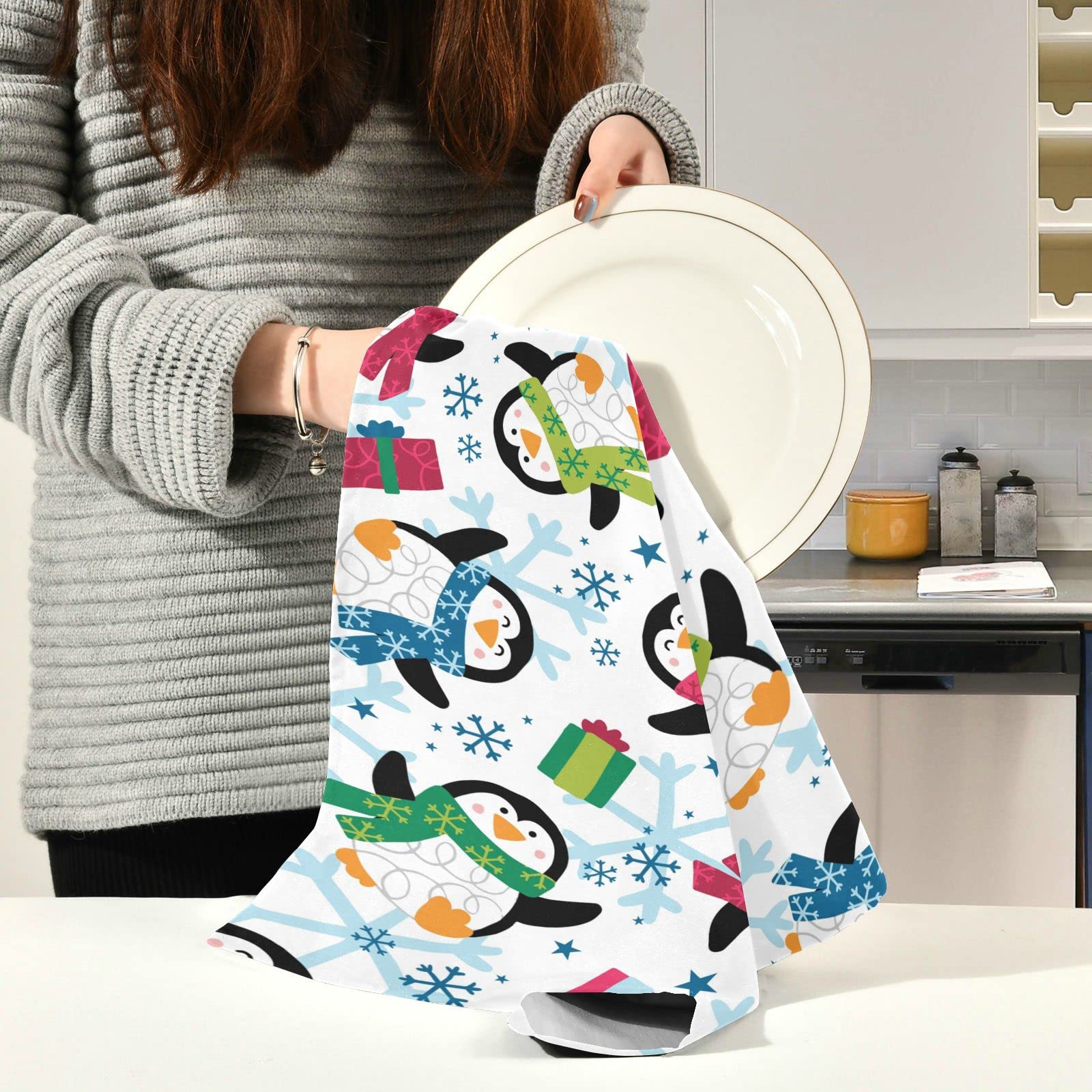 Qilmy Christmas Penguin Kitchen Dish Towel Set of 1, Soft Absorbent Dish Cloths Decorative Tea Bar Drying Towels, 18 x 28 Inch