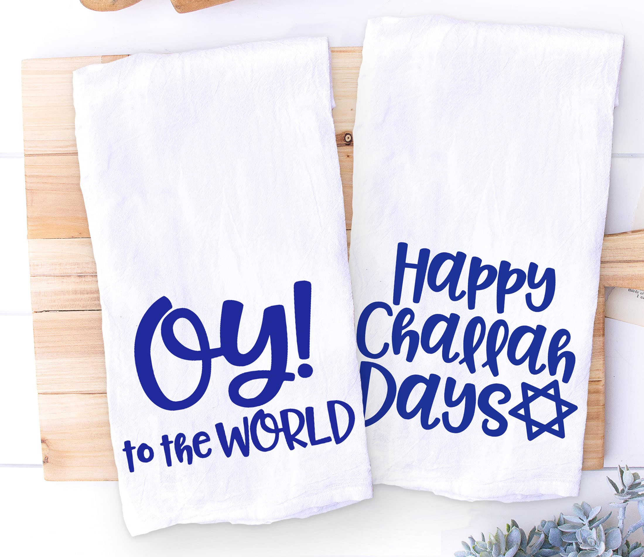 Funny Jewish Holiday Kitchen Towel Set, Jewish Puns, Oy to the World and Happy Challah Days Towel Set, Hostess and Housewarming Gift for Jewish Holiday (Oy to the World & Happy Challah Days)