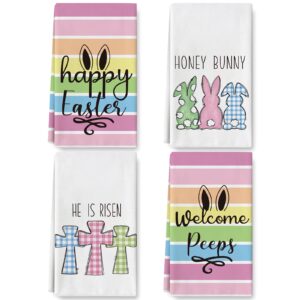 whaline easter kitchen towel 4 pack easter bunny rabbit dish towels 18 x 28 inch colorful stripes hand drying tea towel for spring holiday cooking baking cleaning wipes