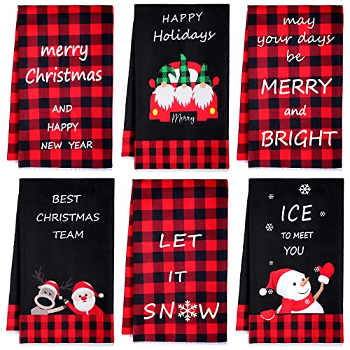 6 PCS Christmas Kitchen Hand Towels Buffalo Plaid towel Christmas Gnome Dish Towels Christmas Black Red Plaid Kitchen Wash Cloths Absorbent Drying Cloth Bathroom Towels for Holiday Decor, 18 x 26 Inch