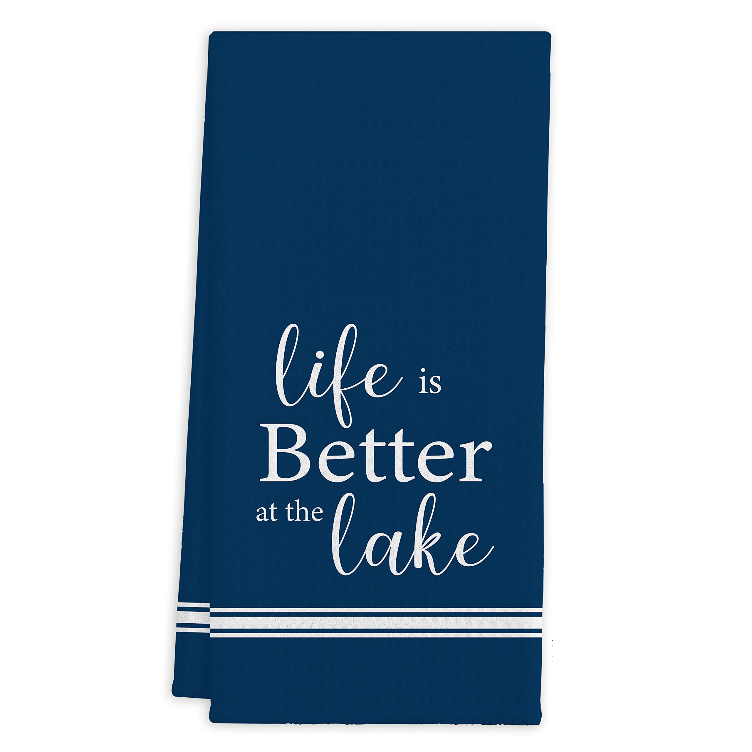 QIYUHOY Life is Better at The Lake Navy Blue Kitchen Towels Tea Towels,16X24 Inches Cotton Modern Dish Towels Dishcloths,Dish Cloth Flour Sack Hand Towel for Lake House Kitchen Decor,Lake Lover Gifts