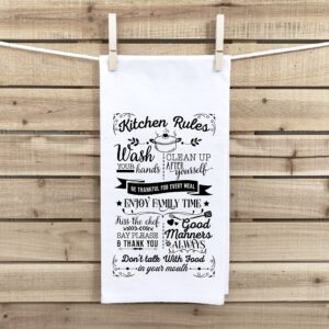 Kitchen Rules Flour Sack Kitchen Towel with Hanging Loop - Funny Cute Swert Family Dish Cloth Birthday Christmas Mother's Day Gift