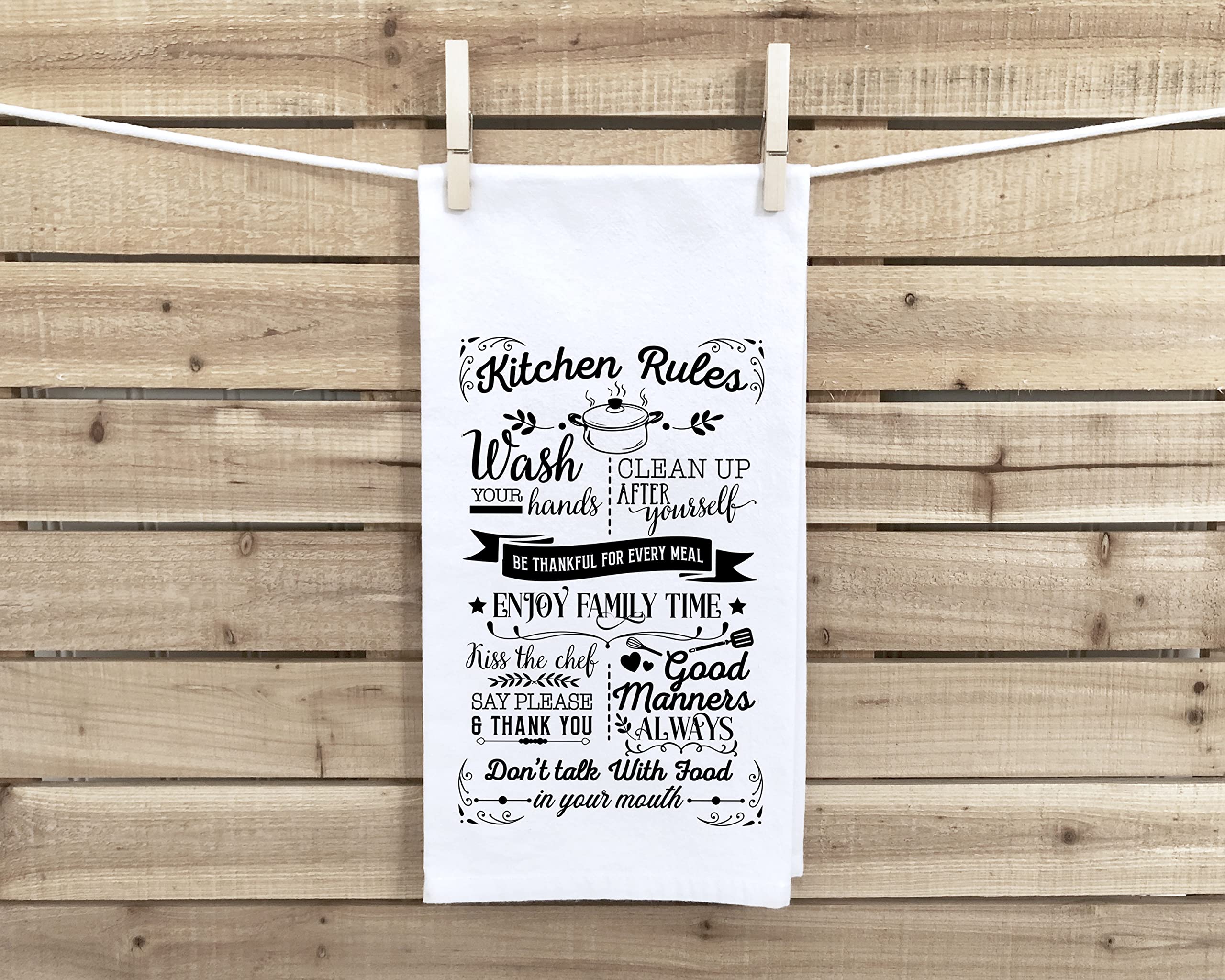 Kitchen Rules Flour Sack Kitchen Towel with Hanging Loop - Funny Cute Swert Family Dish Cloth Birthday Christmas Mother's Day Gift