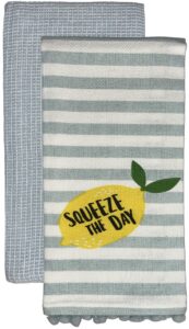 petal cliff set of 2, 100% cotton white herringbone pom poms funny kitchen towels with lemon saying, squeeze the day and sky-blue dyed waffle weave kitchen towels/dish towels size: 16 x 28 inch.