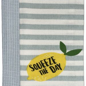 Petal Cliff Set of 2, 100% Cotton White Herringbone Pom Poms Funny Kitchen Towels with Lemon Saying, Squeeze The Day and Sky-Blue Dyed Waffle Weave Kitchen Towels/Dish Towels Size: 16 X 28 Inch.