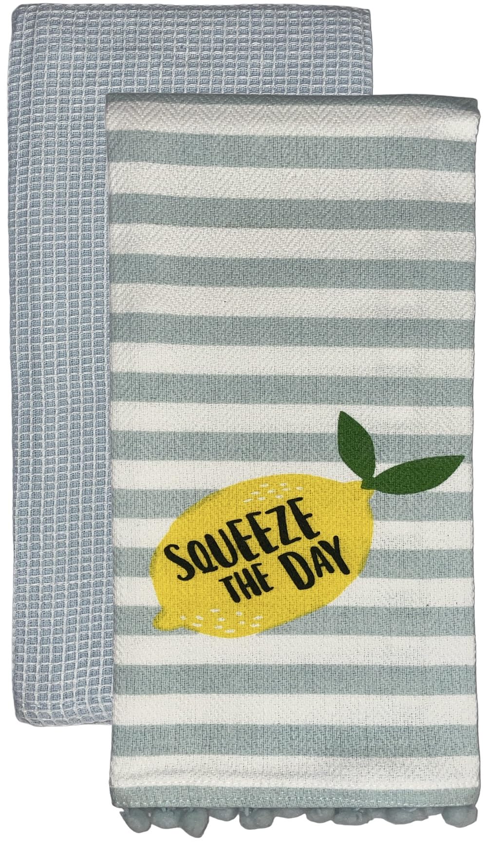 Petal Cliff Set of 2, 100% Cotton White Herringbone Pom Poms Funny Kitchen Towels with Lemon Saying, Squeeze The Day and Sky-Blue Dyed Waffle Weave Kitchen Towels/Dish Towels Size: 16 X 28 Inch.