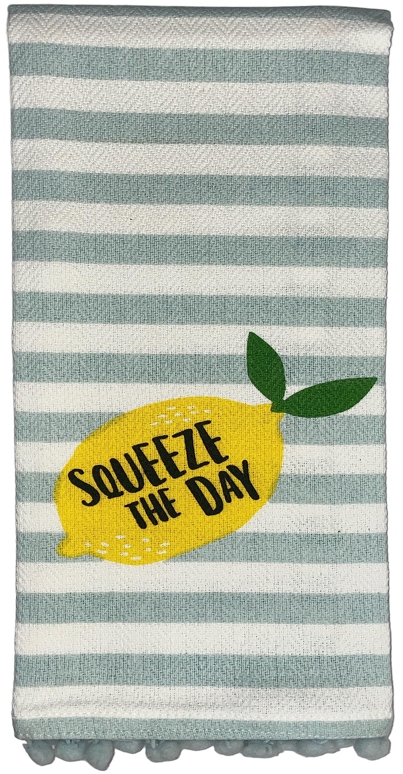 Petal Cliff Set of 2, 100% Cotton White Herringbone Pom Poms Funny Kitchen Towels with Lemon Saying, Squeeze The Day and Sky-Blue Dyed Waffle Weave Kitchen Towels/Dish Towels Size: 16 X 28 Inch.