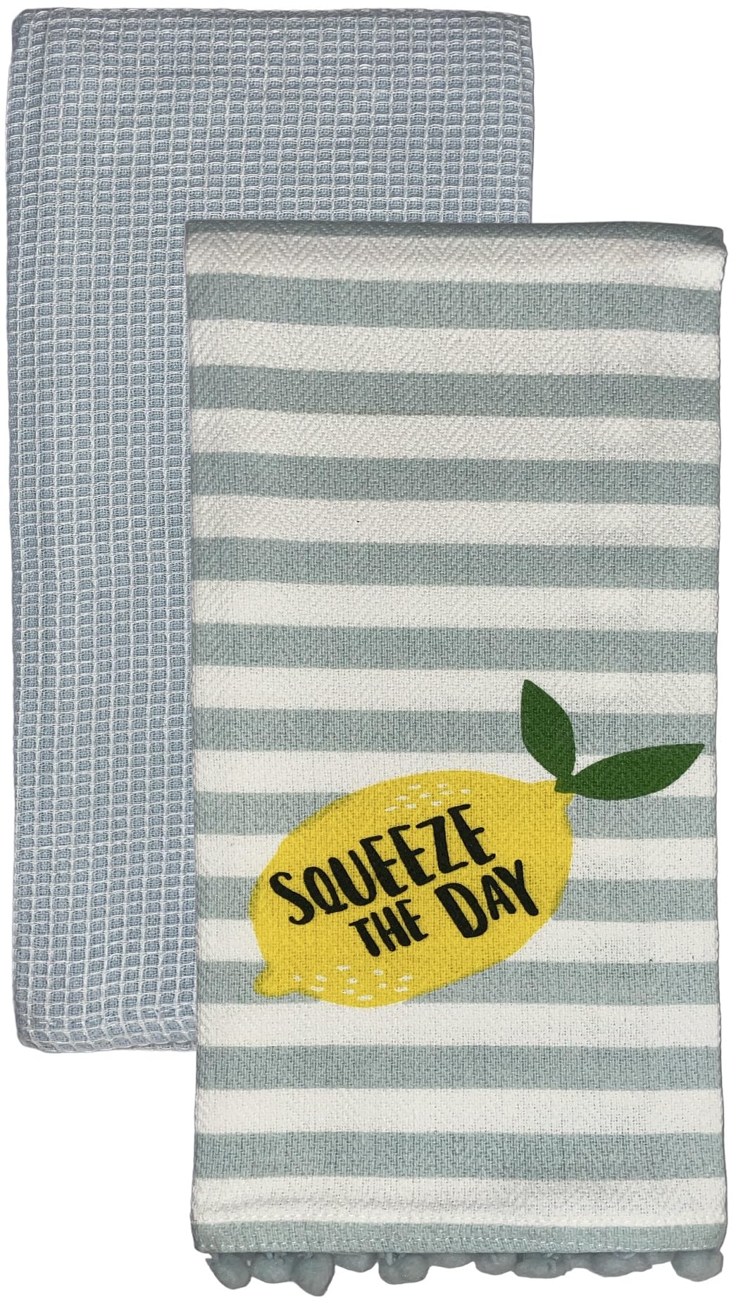 Petal Cliff Set of 2, 100% Cotton White Herringbone Pom Poms Funny Kitchen Towels with Lemon Saying, Squeeze The Day and Sky-Blue Dyed Waffle Weave Kitchen Towels/Dish Towels Size: 16 X 28 Inch.