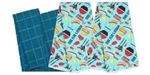 grill boss world' best bbq teal, all seasons set of 4 towel set, 2 printed 2 solid, assorted colors to choose from black gray brown navy red turquoise