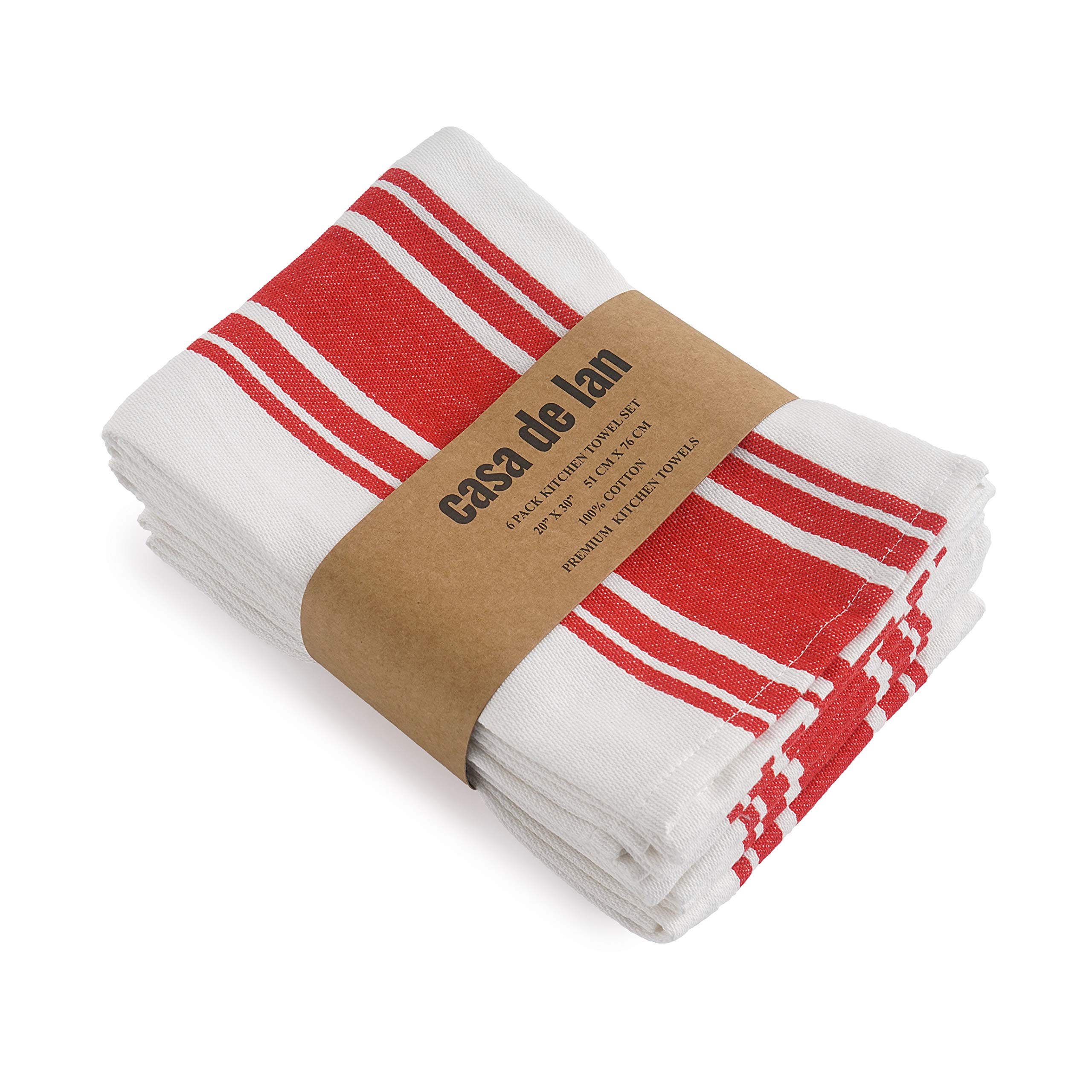 Casa De Lan Premium Dish Towel Set of 6 - Cotton Dish Towels for Kitchen - Super Striped - Tea Towels for Kitchen - Highly Absorbent - Pack of 6-100% Ring Spun Cotton - 20'' x 30'' - Red