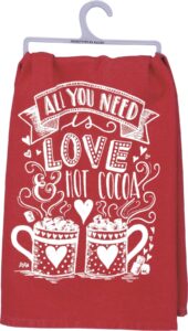 primitives by kathy decorative kitchen towel - all you need is love & hot cocoa, fun festive with heart, mug, marshmallow design