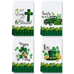 anydesign st. patrick's day kitchen towel green buffalo plaid shamrock dish towel 18 x 28 inch lucky clover truck hat hand drying tea towel for irish holiday cooking baking cleaning wipes, set of 4