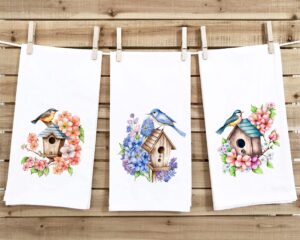 set of 3 birdhouse tea towels cute floral watercolor bird flowers hand flour sack dish towel kitchen decor valentine's birthday for bird lover