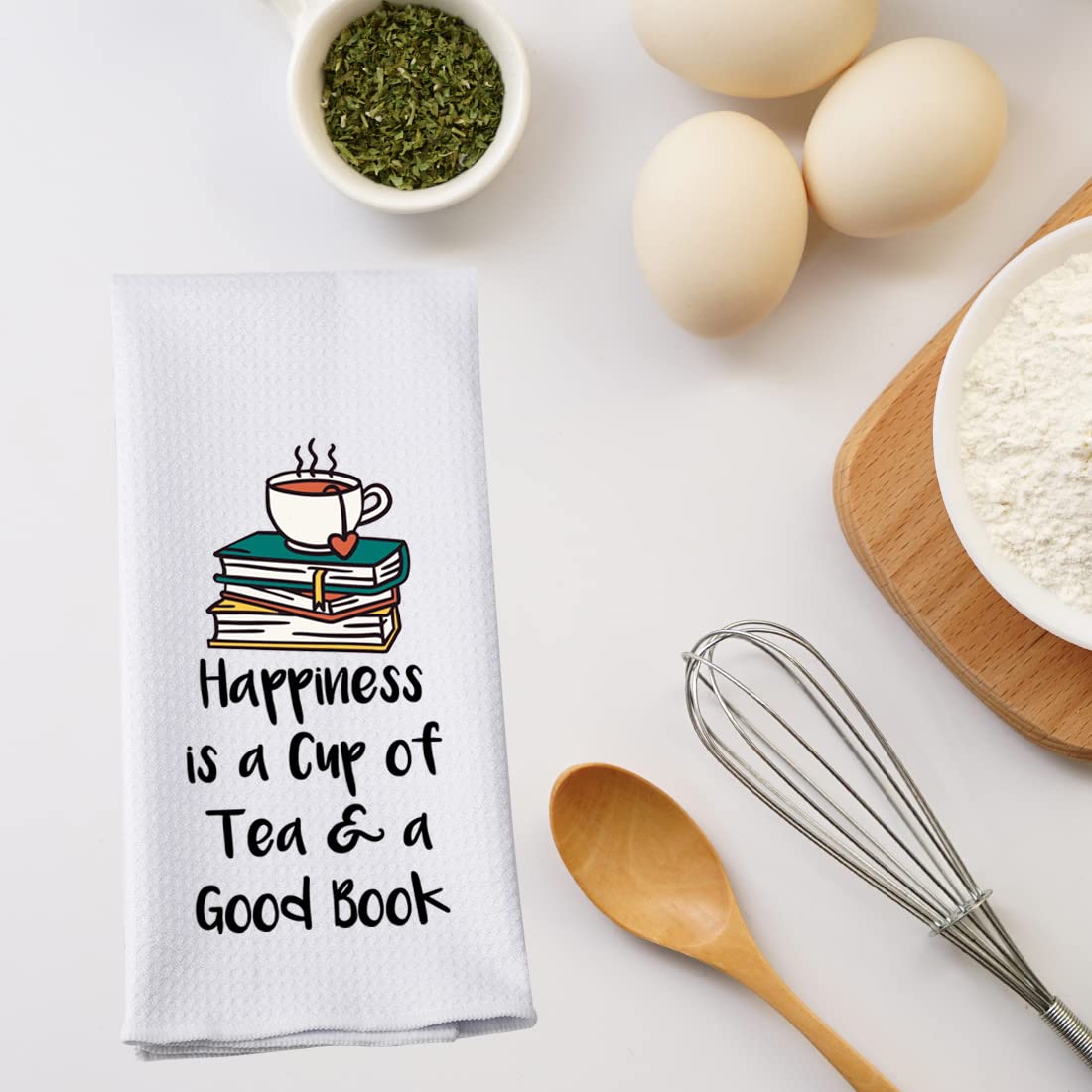 PWHAOO Book Lover Tea Towel Happiness is a Cup of Tea & A Good Book Kitchen Towel Tea Lover Gift (Tea & a Good Book T)