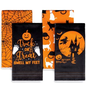 anydesign halloween kitchen dish towels 18 x 28 inch happy halloween tea towel dishcloth orange black web cat witch trick or treat drying cloth towel hand towel for cooking baking bathroom, 4 pack