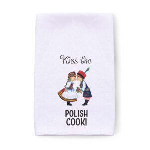 scandinaviangiftoutlet | kiss the polish cook 24x24" decorative print, flour sack dish towels, 100% cotton flour sack kitchen towels | unique gift with loop for easy hanging.