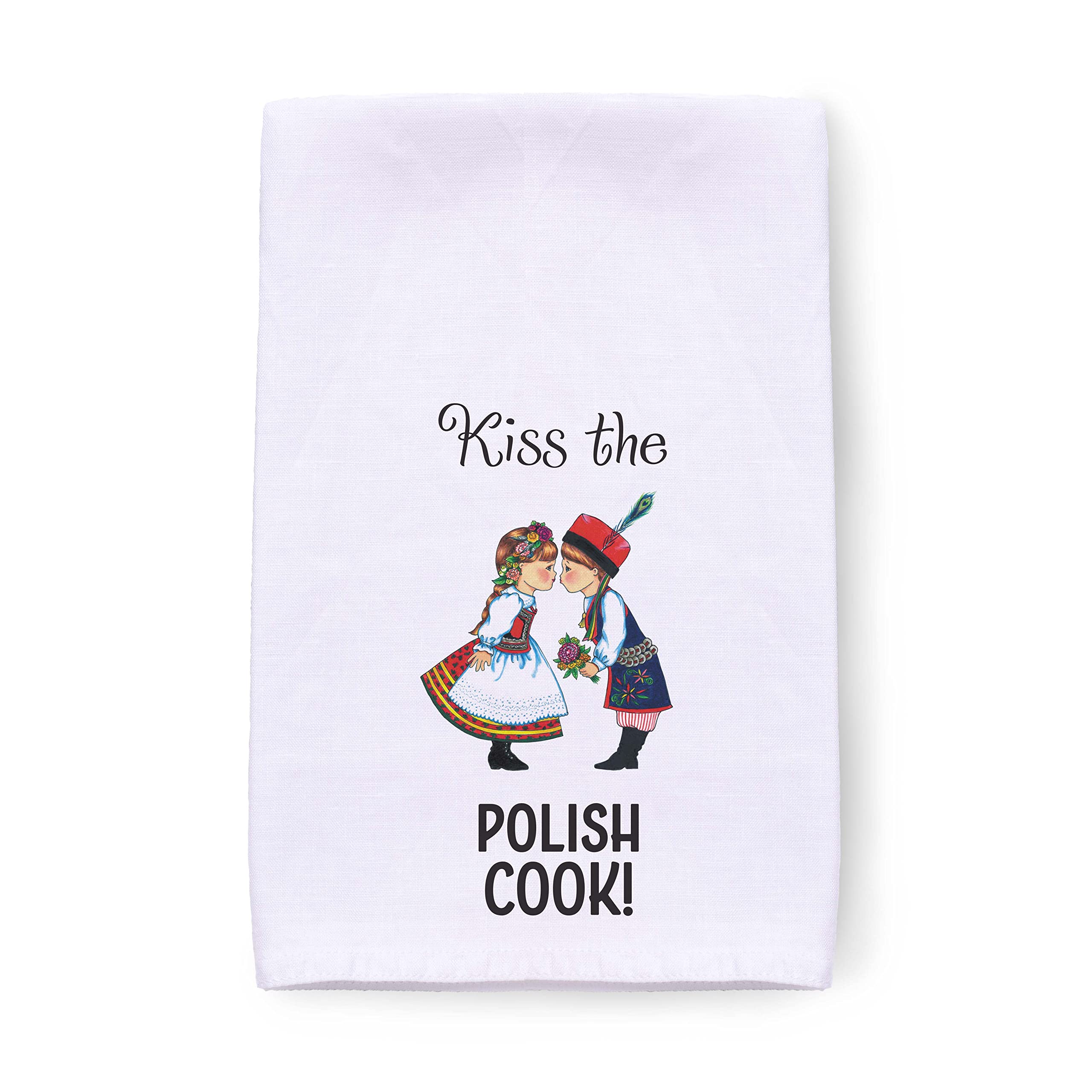 ScandinavianGiftOutlet | Kiss The Polish Cook 24x24" Decorative Print, Flour Sack Dish Towels, 100% Cotton Flour Sack Kitchen Towels | Unique Gift with Loop for Easy Hanging.