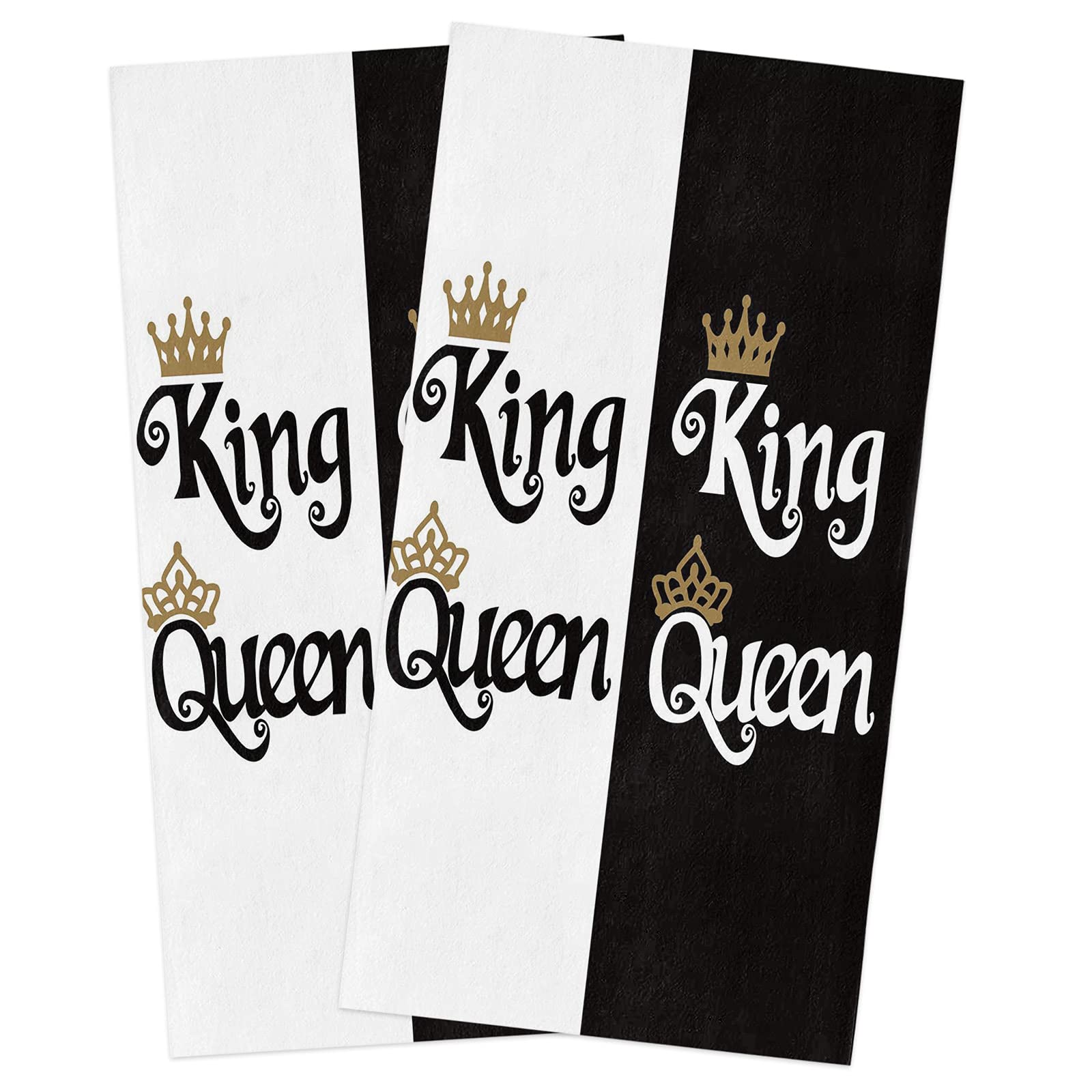 Kitchen Towel Set, Black White Word King Queen with Crown Fast Drying Microfiber Kitchen Towels Dish Cloths, Tea Towels/Bar Towels/Hand Towels Royal Black White Intersect (Set of 2, 18x28 Inch)